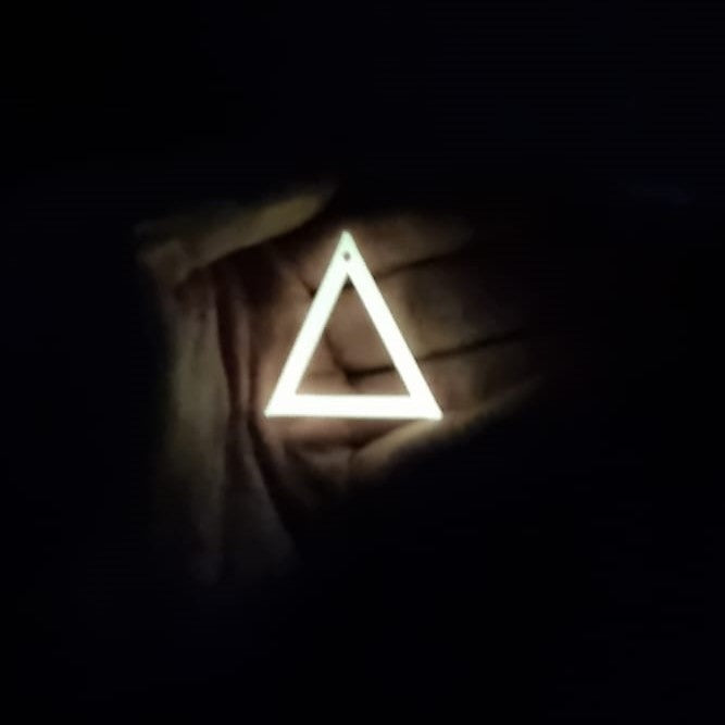 Orange to Yellow Triangle earring In hand glowing in the dark