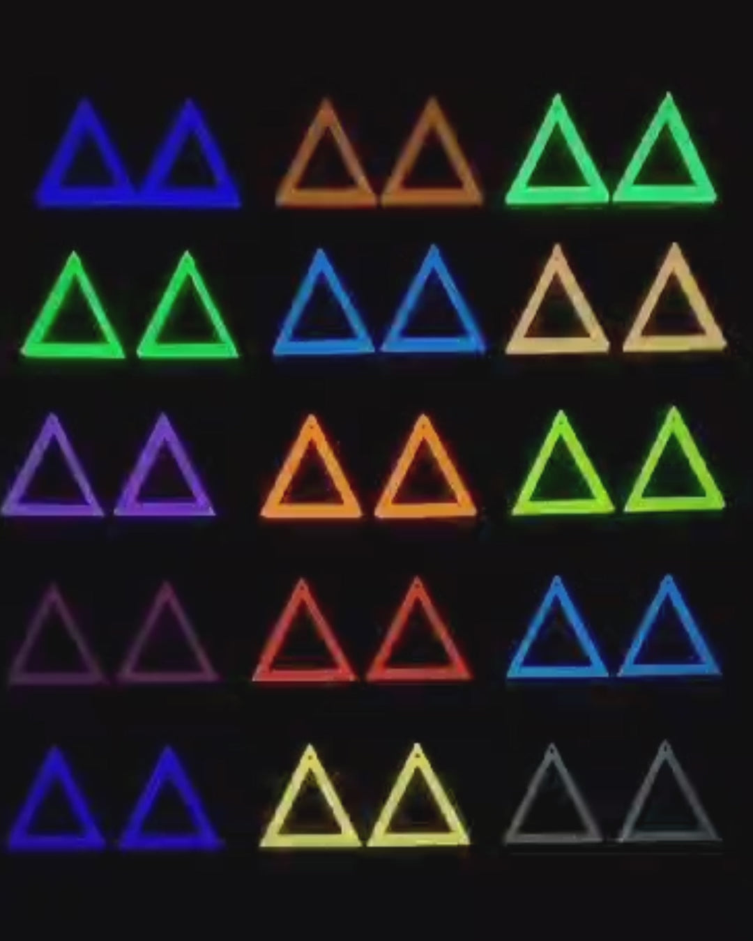 Video Of Triangle Hoop Earrings In Dark - Light and Under UV Light (15 Colour Combinations)